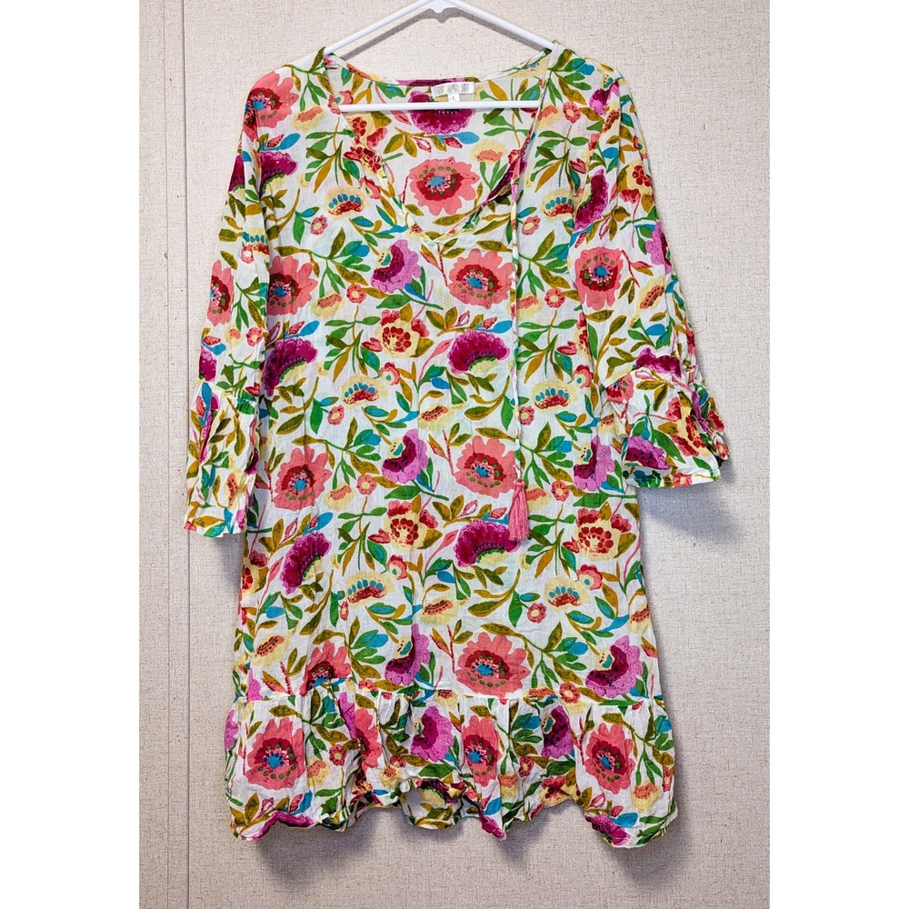 J. Jill Pure Jill Linen Floral Tunic Dress Pink Orange Green Bell Sleeve Large